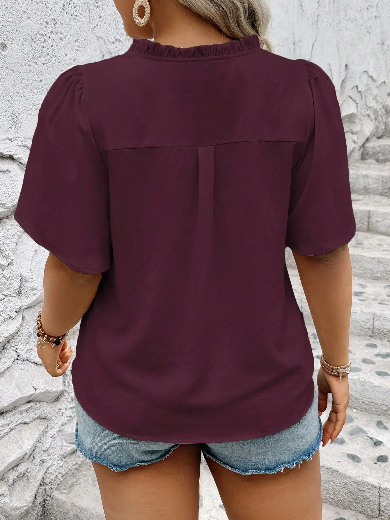 

Solid Color V-Neck Short Sleeve Blouse For Women Summer