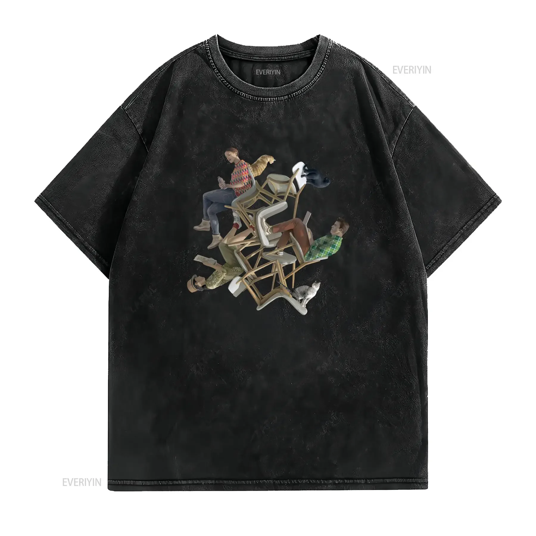 Surrealism Art Stacked Chairs People Cats Illustration Casual Print T Shirt vintage Washed Slightly Comfortable
