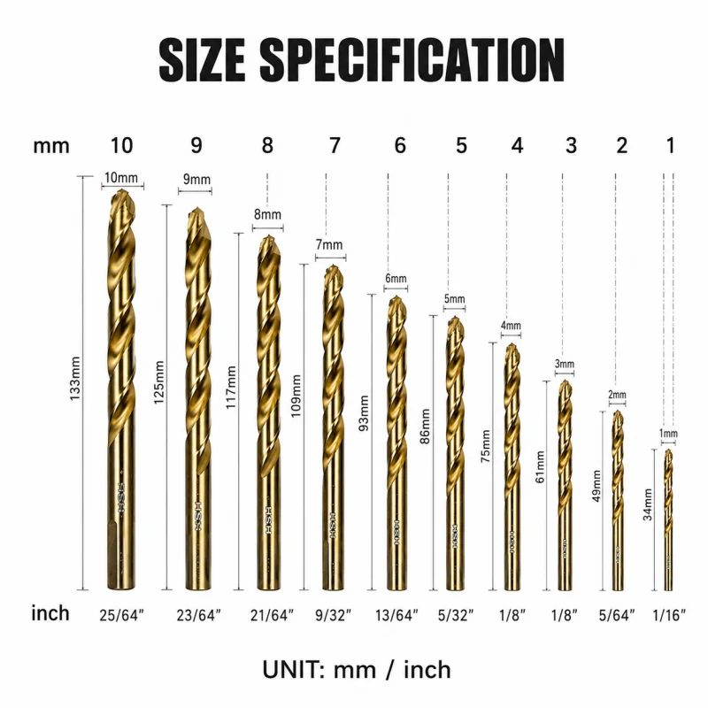 1‑10mm HSS Titanium Twist Drill Bit Set 10Pcs Sharp Cutting Bits for DIY Home Improvement & Multi‑Material Drilling