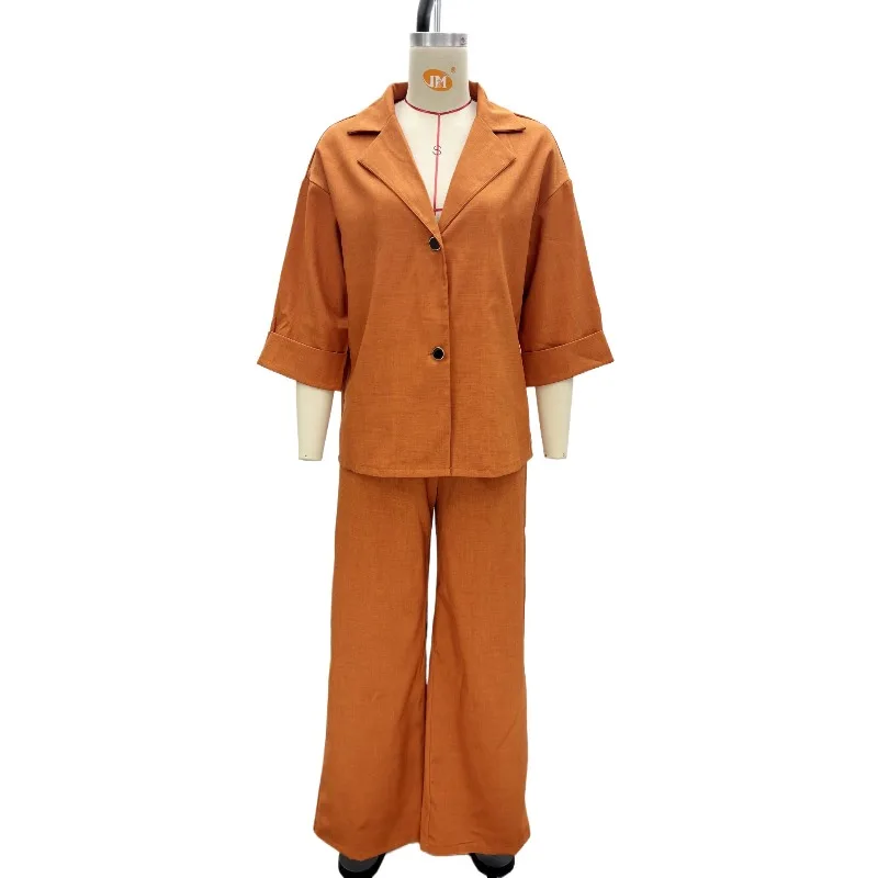 Two Piece Pant Sets Women Casual T Shirt Solid Button Turn Down Collar Tops Casual High Waist Straight Pants Office Lady Autumn