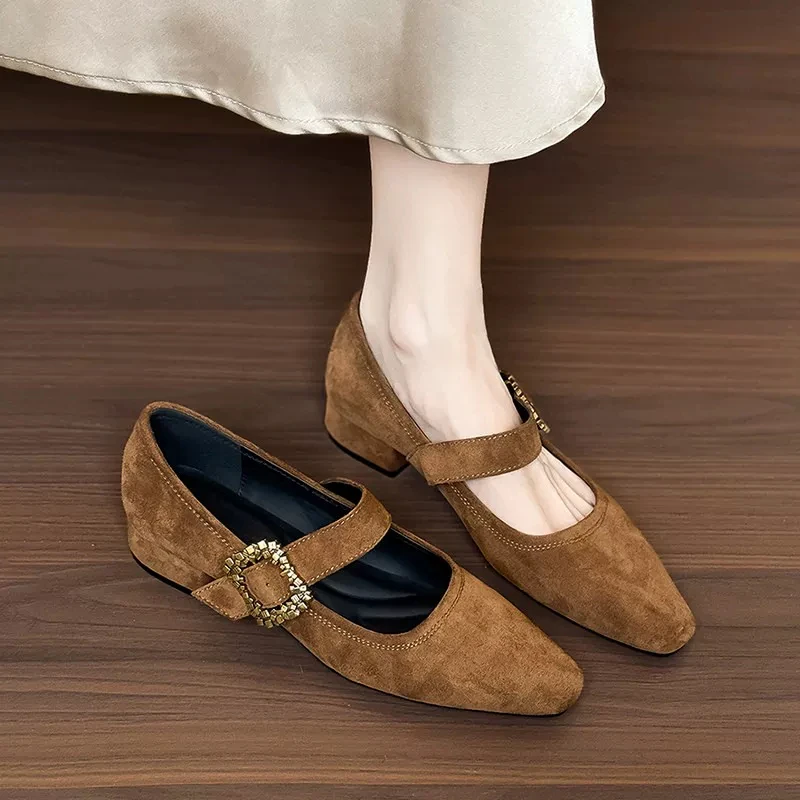 Women's 2026 spring and summer new non-tiring feet versatile French retro square toe block heel Mary Jane single shoes