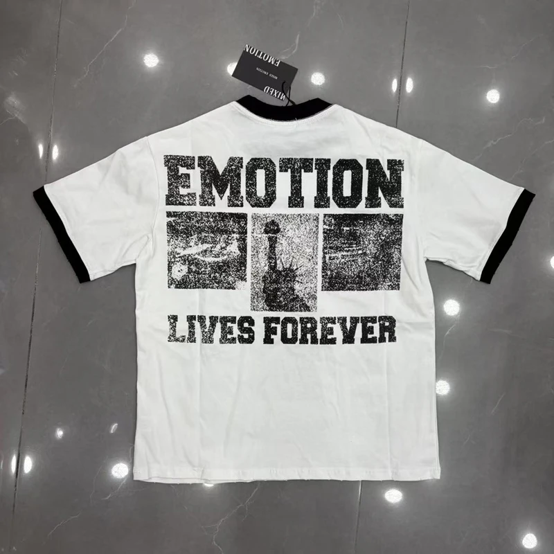 New EMOTION T-shirt High Quality Casual Loose Splicing Black White Short-sleeve Ripped Hole Tops Unisex
