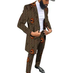 African Print Long Blazers With Trousers Men's Suit Male Nigerian Fashion Wedding Groom Outfits