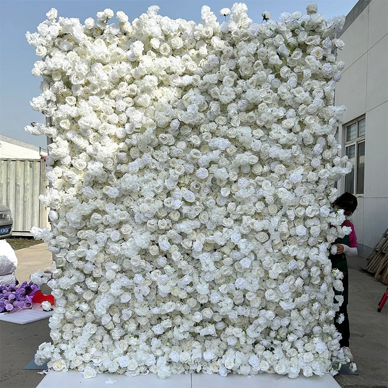 White 5D Rose Peony Hydrangea Cloth Roll Up Flower Wall Fabric Hanging Curtain Plant Wall Party Wedding Backdrop Deco Event Prop