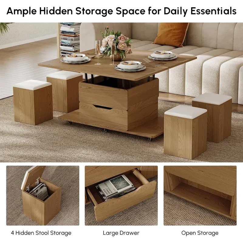 Natural Lift Top Coffee Table with Hidden Storage 3 in 1 Multi-Function Modern Folding Center Table with 4 Stools and Casters