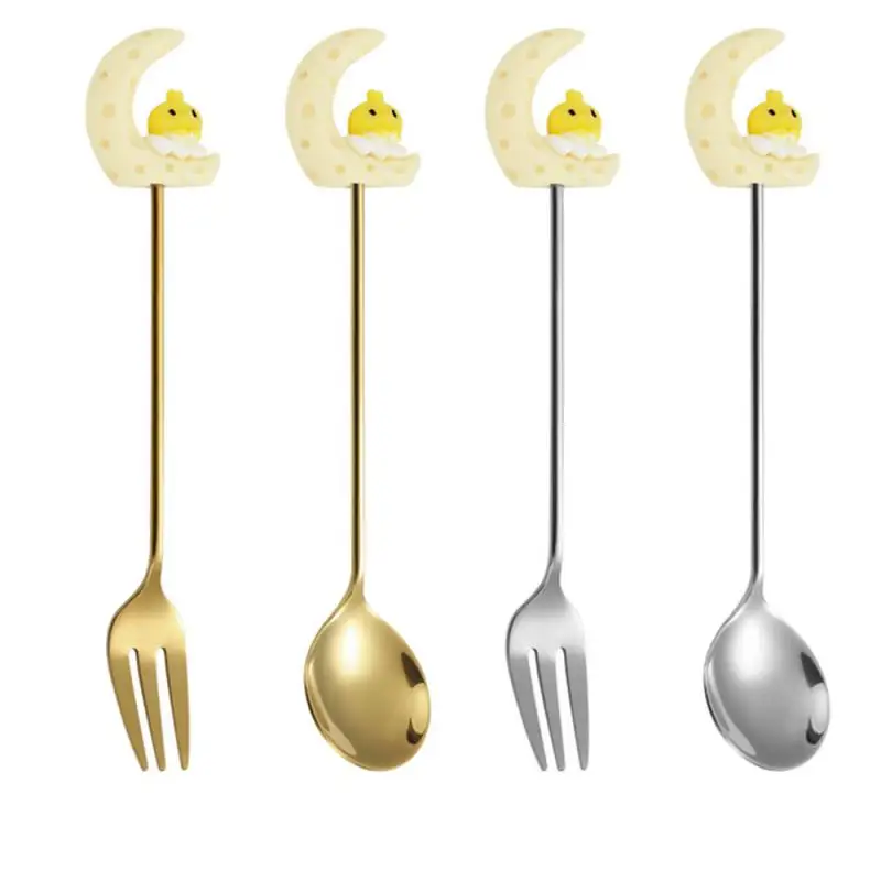 Stainless Steel Spoon Fork Stainless Steel Cute Dessert Spoon Cloth Wheel Light Dessert Kitchen Tool Moon Rabbit Spoon Fork Fork