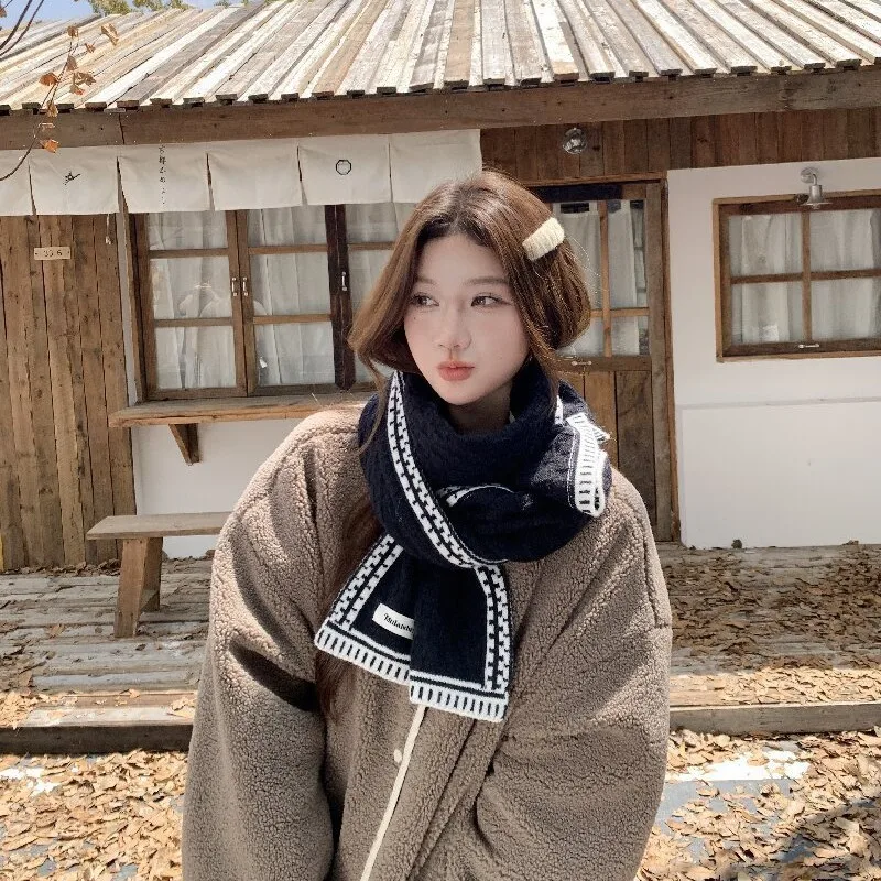 Winter Scarf Women Wool Blend Knit Lock Stitch Edge Korean Style Warm Fashionable Neck Wrap