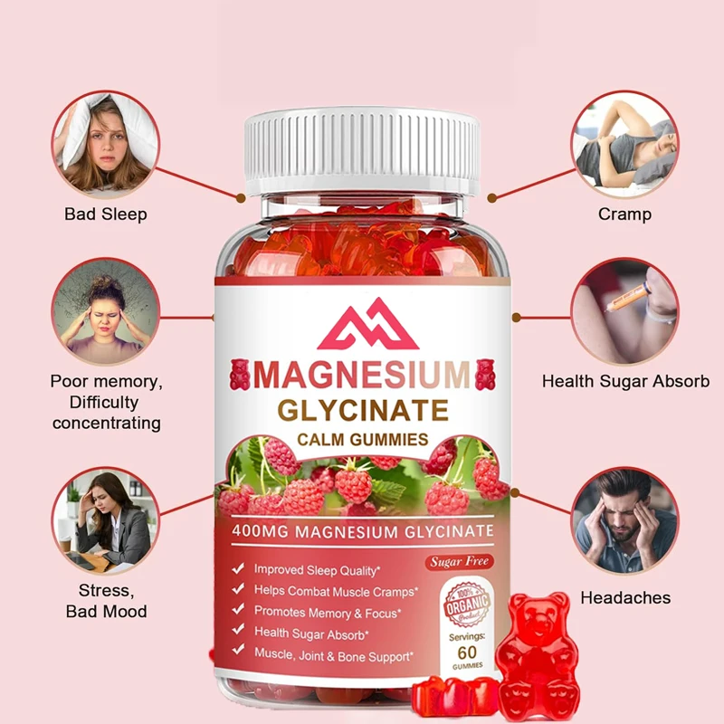 Magnesium glycinate gummies, magnesium malate, vitamin D, B6, and CoQ10 for adult calm support and sleep-60 pills