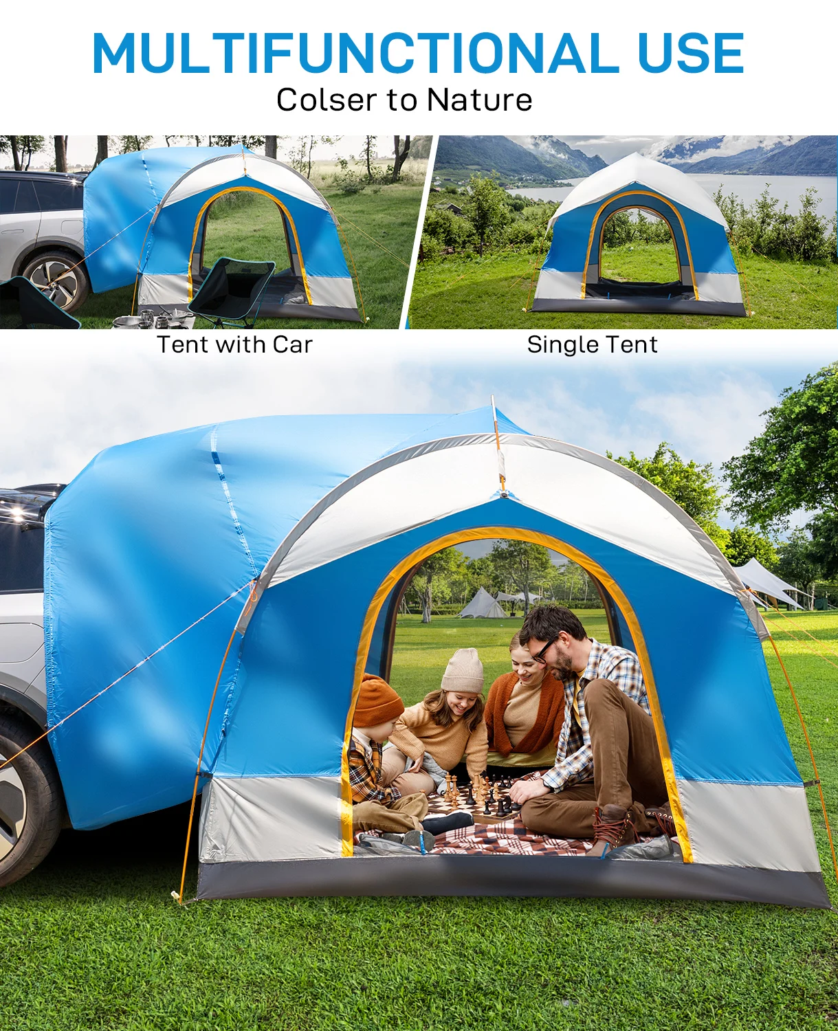 SUV Camping Tent Outdoor SUV Tent with Double Doors for 5 Person Waterproof PU2000mm Double Layer Tent for Outdoor Travel Blue