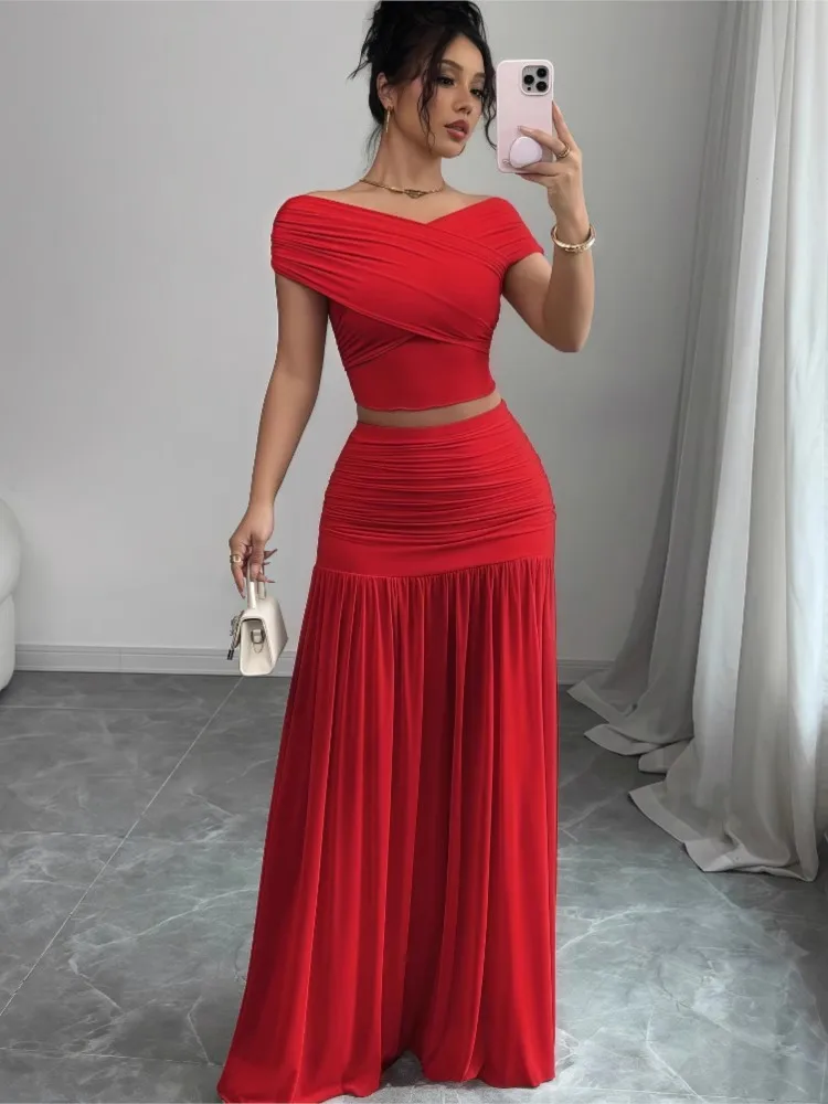 

2025 Summer Women's Elegant Skirts Sets New Solid Off Shoulder Top Pleated Skirt Splicing Two Piece Outfit Beach Party 2pcs Sets