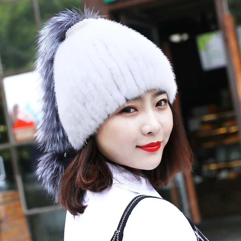 Mink Fur Hat Women Winter Fur Hat With Fox Tail Warm Ear Protection Cap Fluffy Natural Fur Hat Luxury Knitted Real Mink Fur Hat