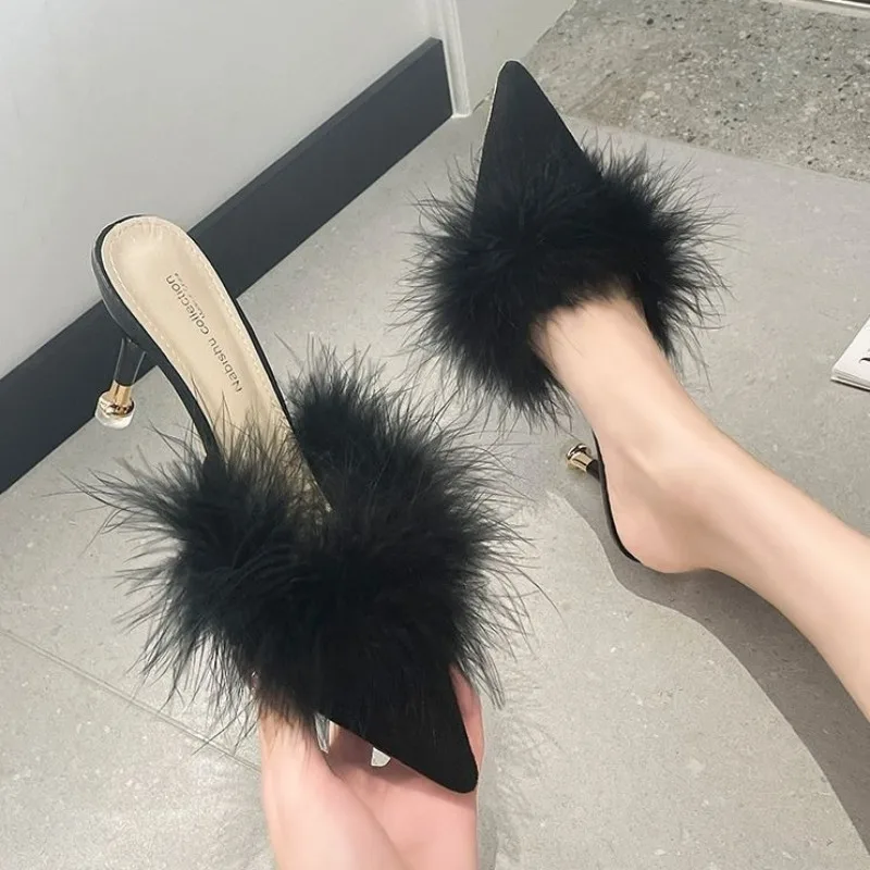 

New Style Furry High Heel Summer Sandals Slippers For Women Outdoor Wear Versatile Pointed Toe Thin Heel Closed Toe Mule Half