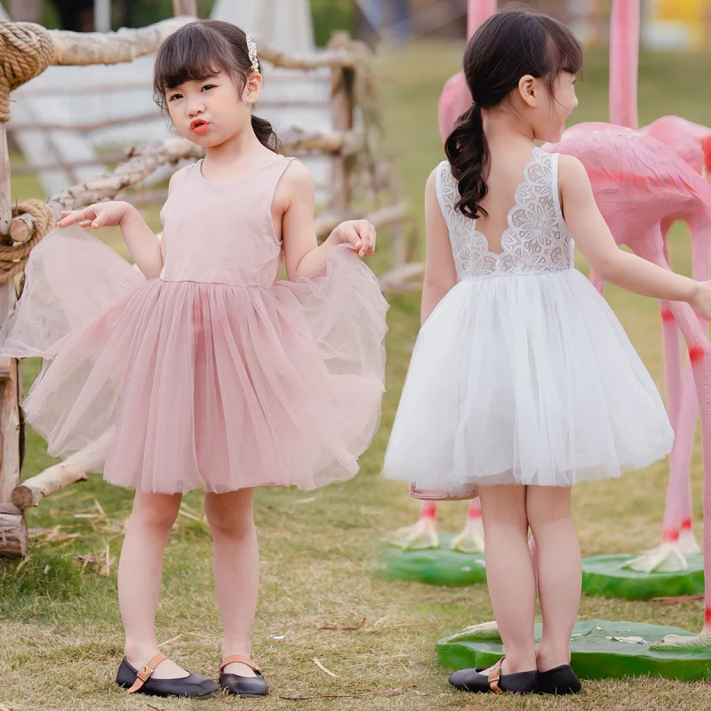 Children's Clothing Summer New Girls' Dress Backless Lace Dress Girls' Tulle Dress Puffy Dress Princess Dress