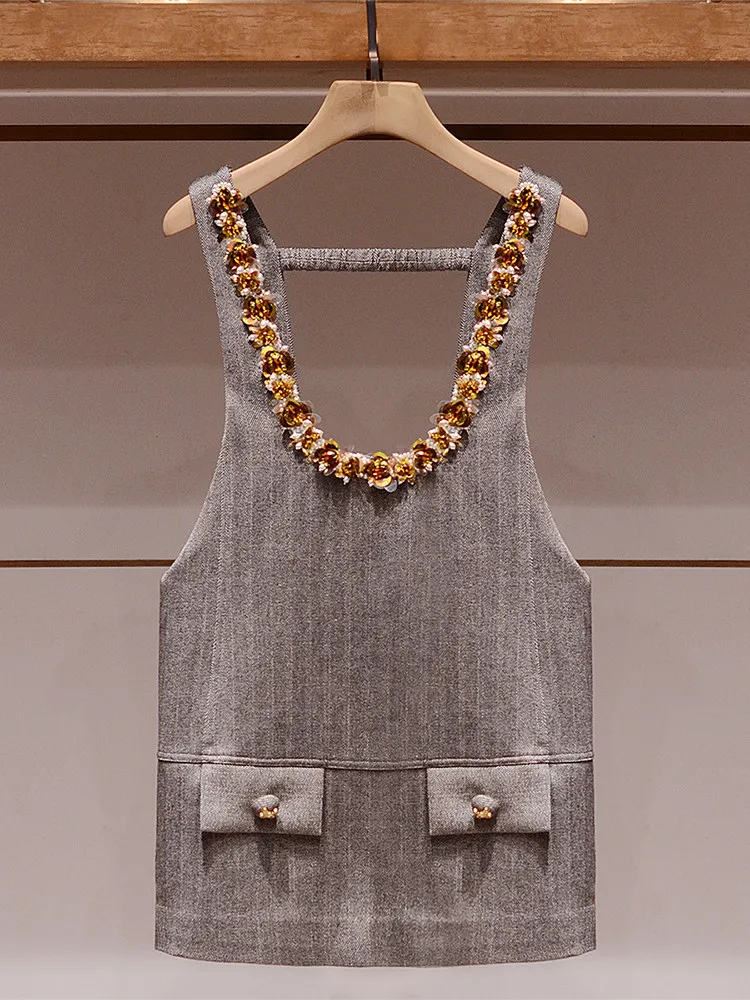 

Miu Sle Ele жилет с пайетками Dr с высокой талией и бриллиантами, шелковое платье трапециевидной формы для женщин, весеннее новое поступление