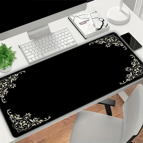 Imagen 2 del producto Alfombrilla de ratón negra con estampado Floral grande, alfombrilla de escritorio de goma antideslizante con borde cosido, alfombrillas de teclado lavables duraderas para oficina y hogar