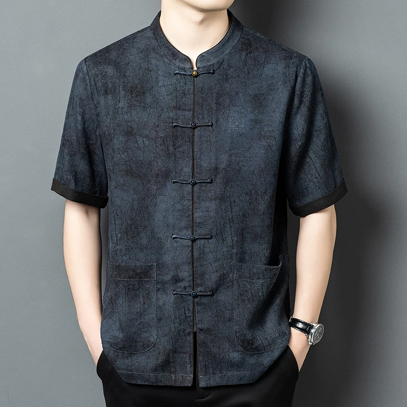 Gambiered Canton Gauze Shirts For Men Short Sleeve Skin-Friendly Summer Quality Natural Silk 100% Tang Costume Camisas De Hombre