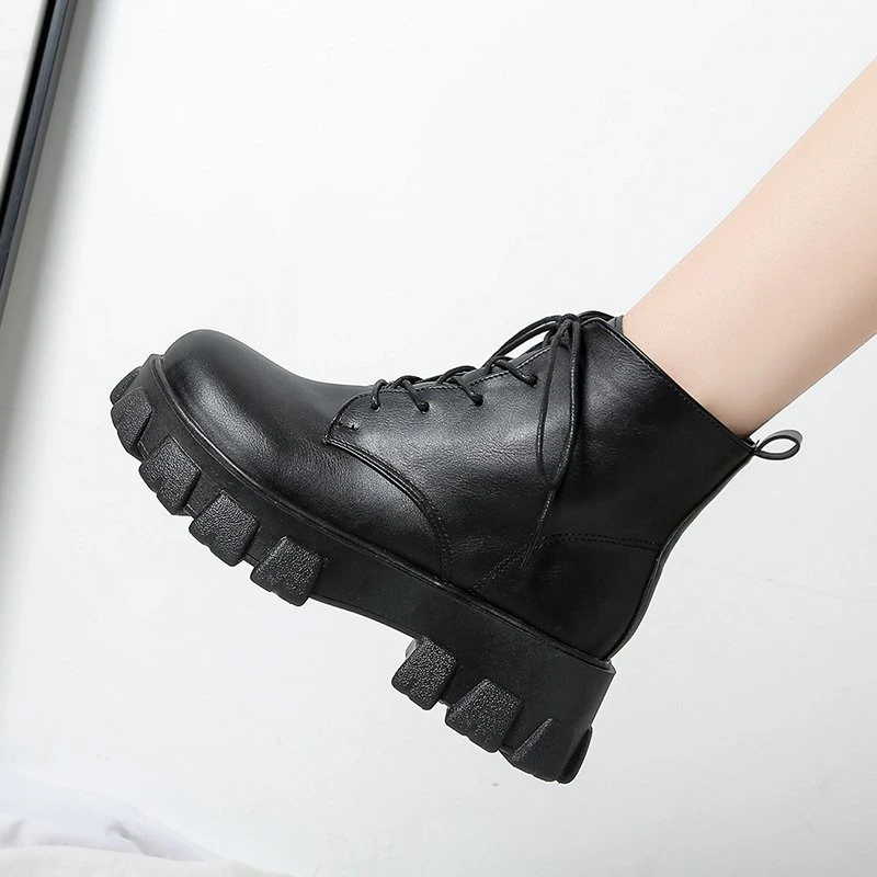 2022 New Women Black Ankle Boots PU Leather Thick Sole Lace Up Combat Booties Female Autumn Winter Platform Shoes Woman