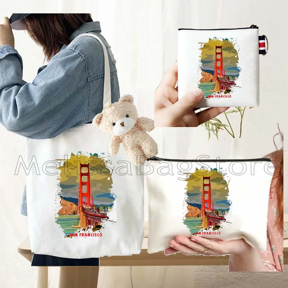 

4PCS Gifts Set San Francisco White Canvas Tote Bag Handbag with Doll Key Coin Purse Cosmetic Makeup Toilet Bag Case Pouch