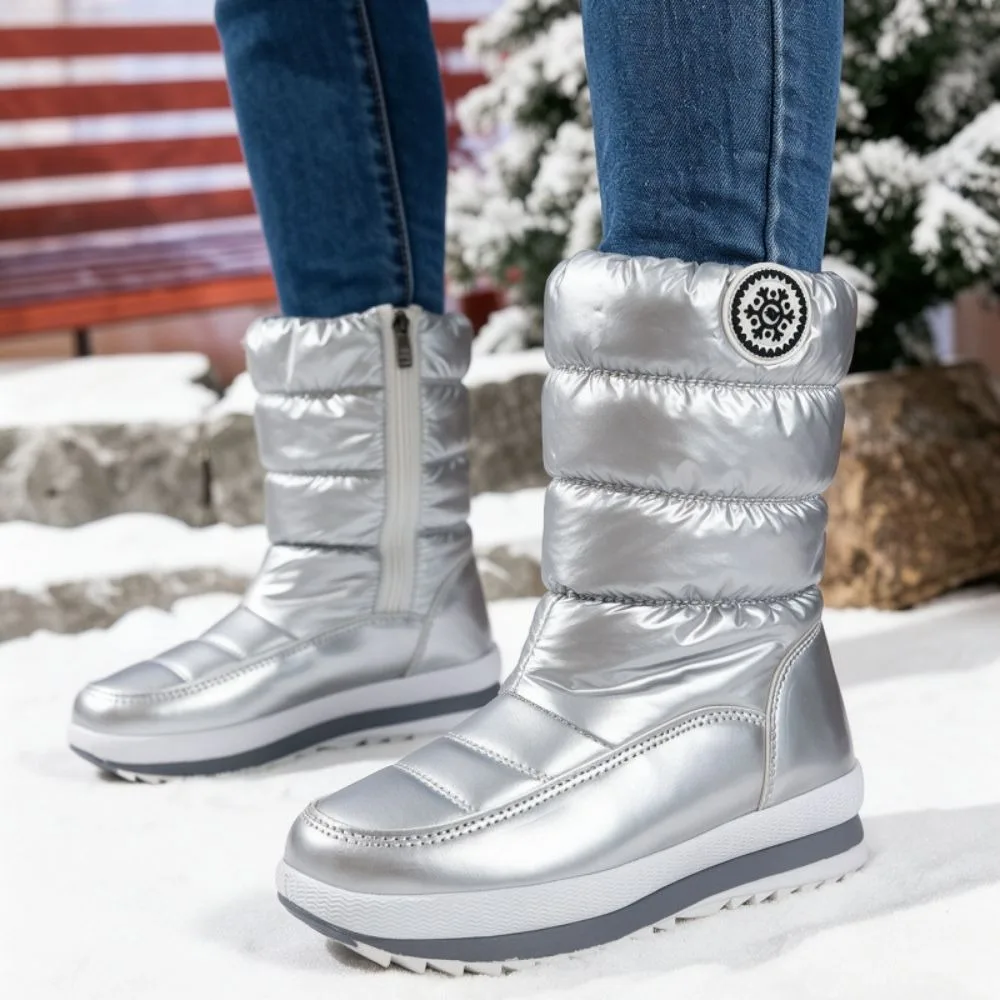 Cotton Shoes Glossy Snow Boots Waterproof Patent Leather Platform Boots Windproof Antislip Mid-Calf Snow Boots Winter