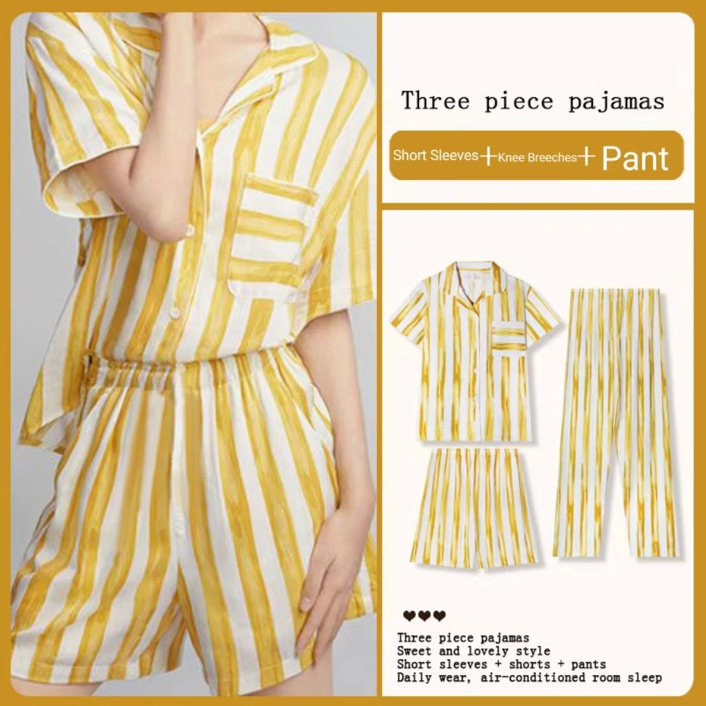 Women\'s New Three-Piece Striped Pajamas Women\'s Summer Cotton Short-Sleeved Spring And Autumn Casual Sports Cardigan Homewear Se