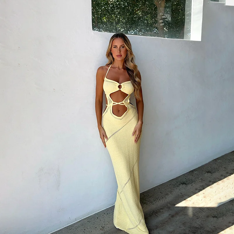 

2024 Kintted Swimwear Cover Up Beach Sexy Backless Halter Maxi Bodycon Summer Long Dress Crochet Bikinis Cover-ups Elegant Robe