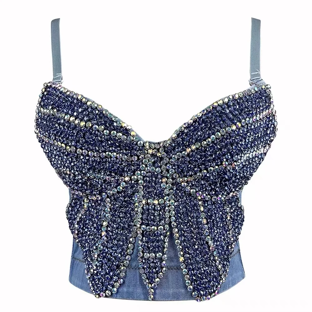 Butterfly Top Denim Spaghetti Strap Tank Top Bulit In Bra Diamond Patchwork Sexy Camisole Female Spicy Streetwear Dropship