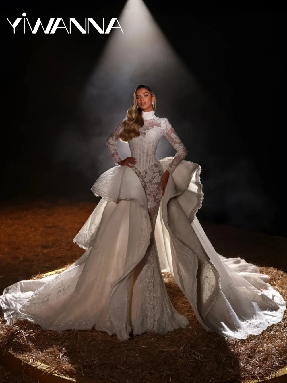 

Dreamy Illusion Lace Wedding Dress With Overskirt High Collar Long Sleeved Bridal Gown New Customized Mermaid Dresses For Bride