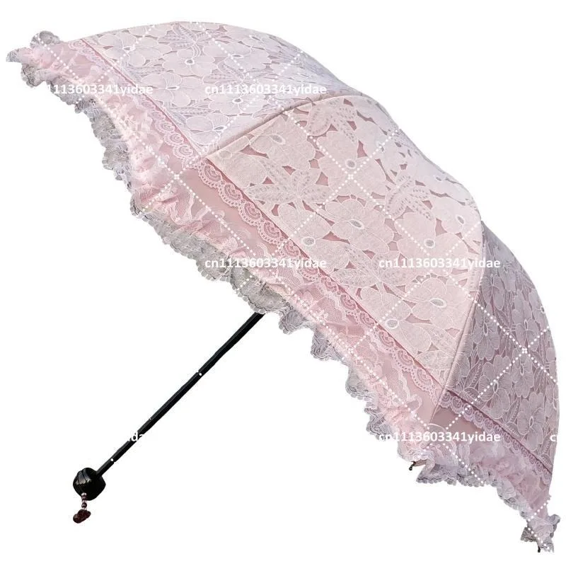 Pink Floral Lace Sun Umbrella for Women, UV Protection, Princess Style, Baby Baptism, Fashion