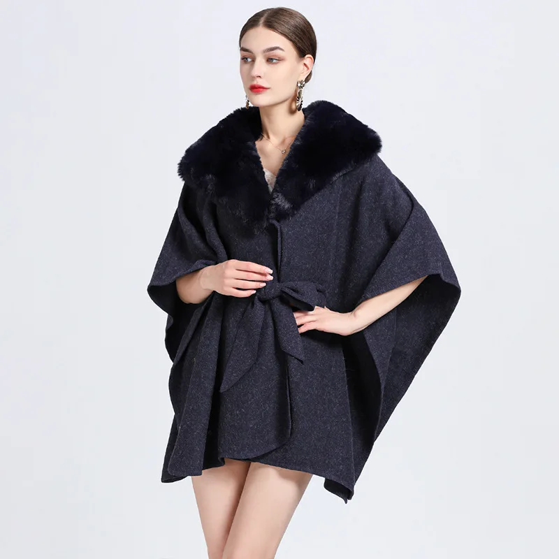 

Autumn Winter New Imitation Otter Rabbit Fur Collar Knitted High-grade Imitation Wool Coat Poncho Lady Capes Blue Cloaks