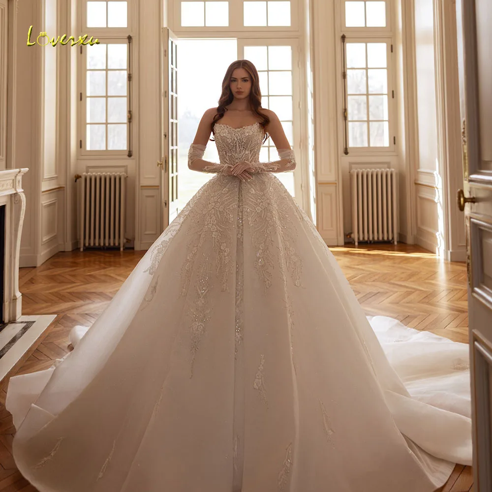 Loverxu A-Line Vintage Wedding Dresses Strapless Vestido De Novia Lace Beaded Sequined Court Train Custom Made Bridal Gowns