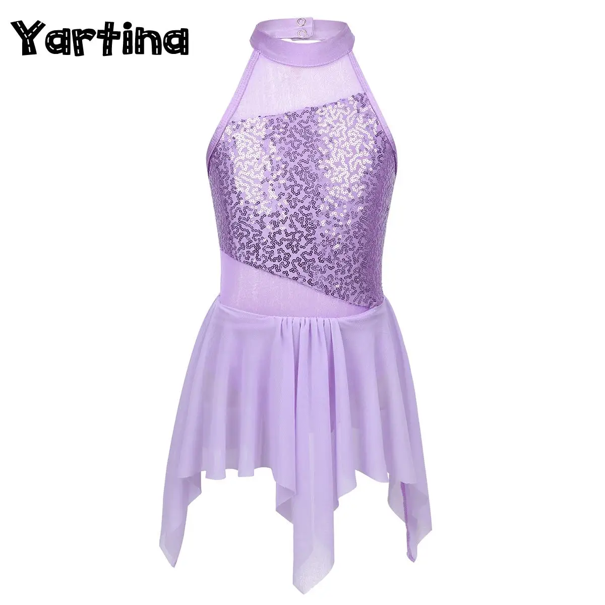 Kids Girls Sequins Lyrical Ballet Dance Dress Turtle Neck Tank Dress Gymnastics Leotard Irregular Skirts Ballroom Dance Costume