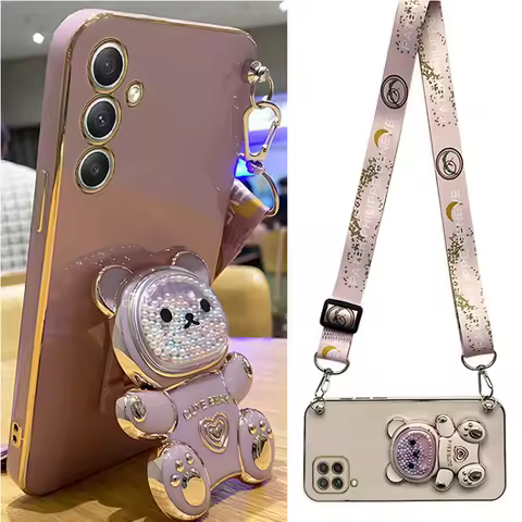 Quicksand Bear Holder Lanyard Phone Case For Samsung Galaxy A34 A53 A73 A33 A52 A52s A72 A32 A22 4G 5G A50 A71 Strap Stand Cover