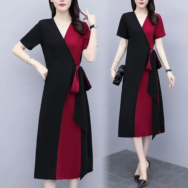 2024 Fashion Temperament Officially High-end Versatile Casual Patchwork Mid Length Dress Minimalist V-neck Women's Summer Dresse