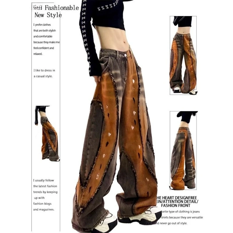 

2026 New Splicing Ripped Wide-leg Women's Spring and Summer Unique and Chic Straight Trendy Washed Floor-mopping Jeans Trousers