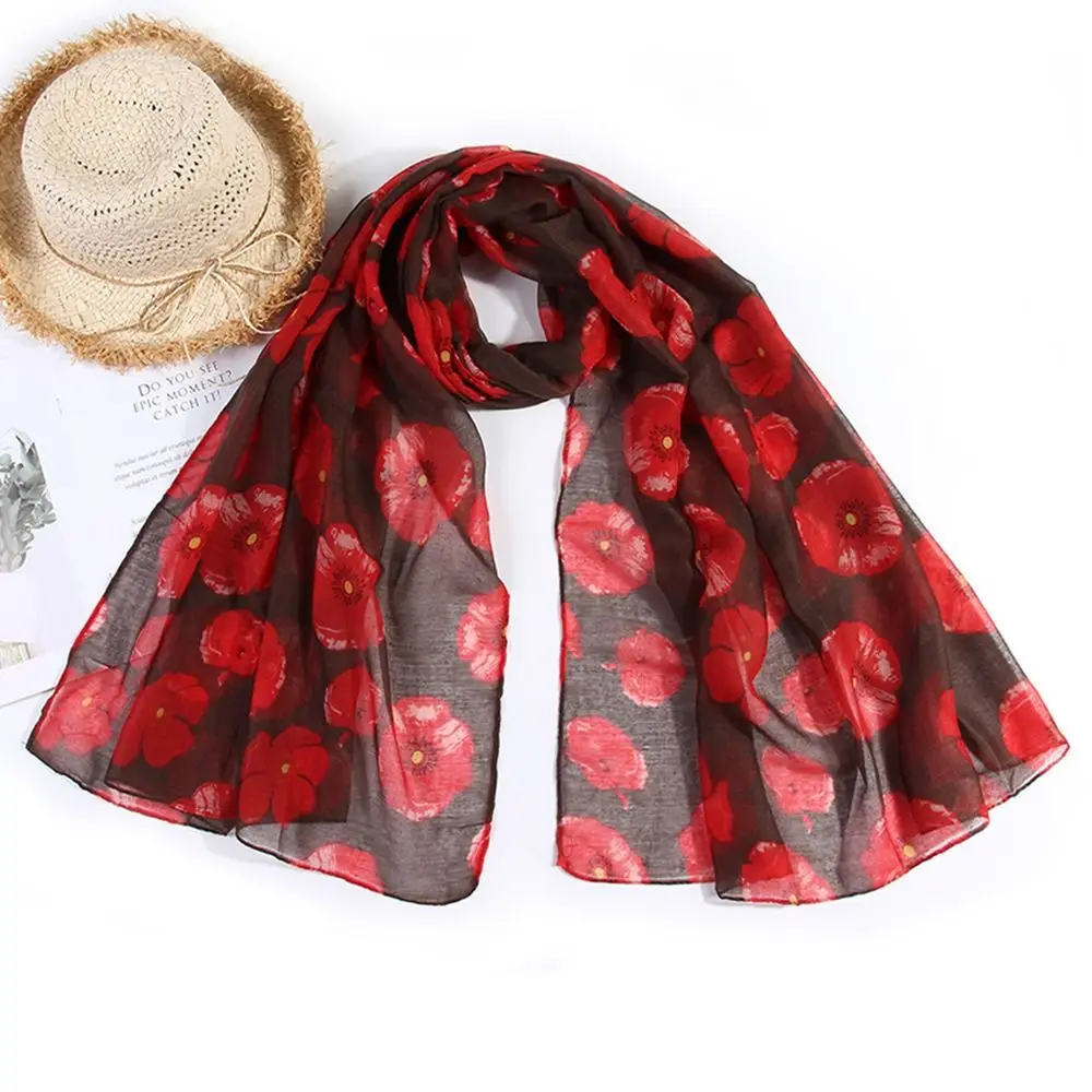 Soft Colorful Poppy Print Scarf Cotton Voile 180*90cm Poppy Floral Shawl Breathable Smooth Poppies Floral Wrap for Women Ladies