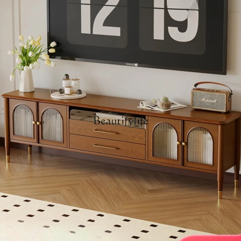 

French Retro Solid Wood TV Cabinet Japanese and Nordic Style Small Apartment Coffee Table TV Cabinet