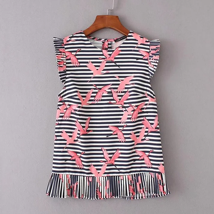 women vintage vestidos striped crane printed pleated blouses shirt brand sleeveless o neck femininas blusas slim top