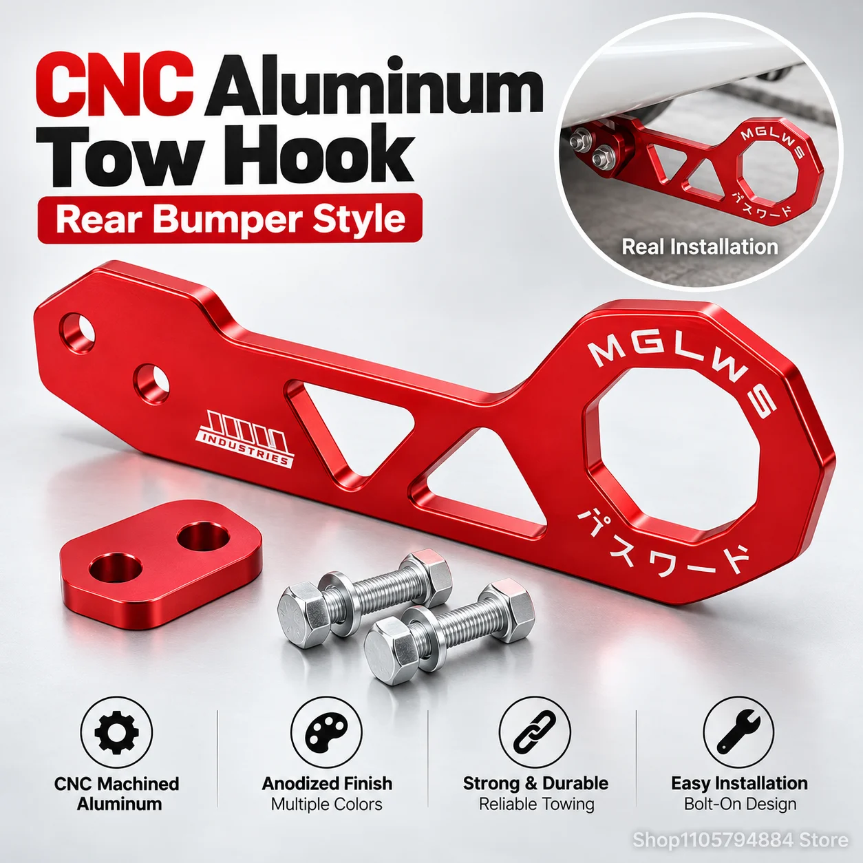 JDM Racing Rear Tow Hook for Honda Fit Jazz GK5, CNC Aluminum Anodized - Check Thread Size Before Order