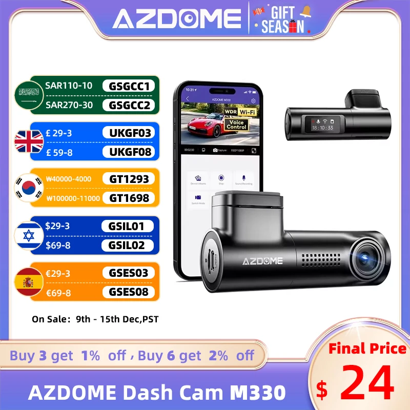 AZDOME M330 WiFi Dash Cam FHD 1296P Front Dash Camera for Cars Voice Control 0.96