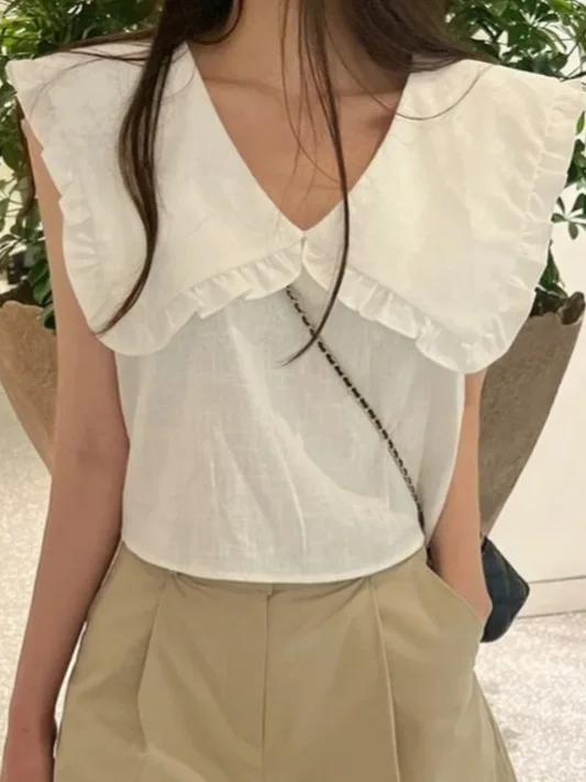 

Korean Sle ort Doll Collar Loose Svel Top Women's Faion Design Versatile Summer New Arrival Lace irt