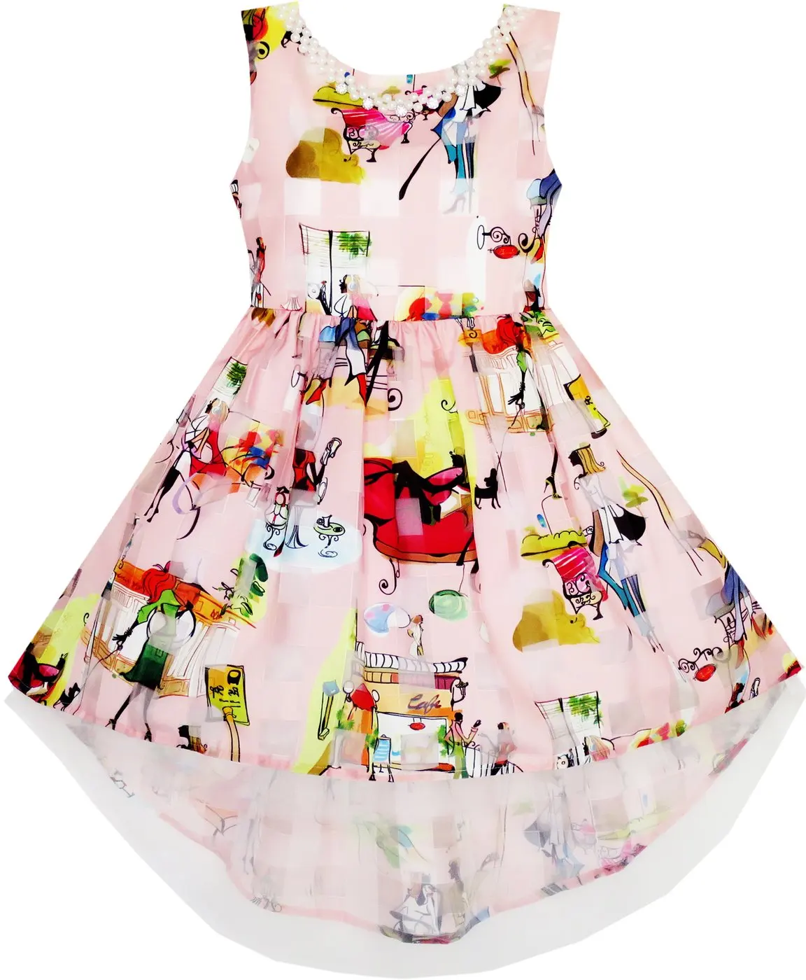 Girls Hi-Lo Dress Checkered Tulle Pearl Necklace Princess Pageant