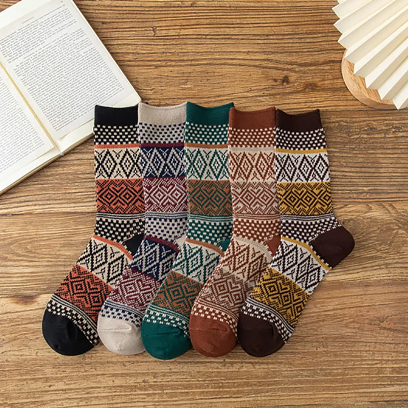 

New Socks Autumn Winter Women Socks Geometry Cotton Socks National Wind Rhombic Socks Retro Student Tide Socks Solid Color Socks