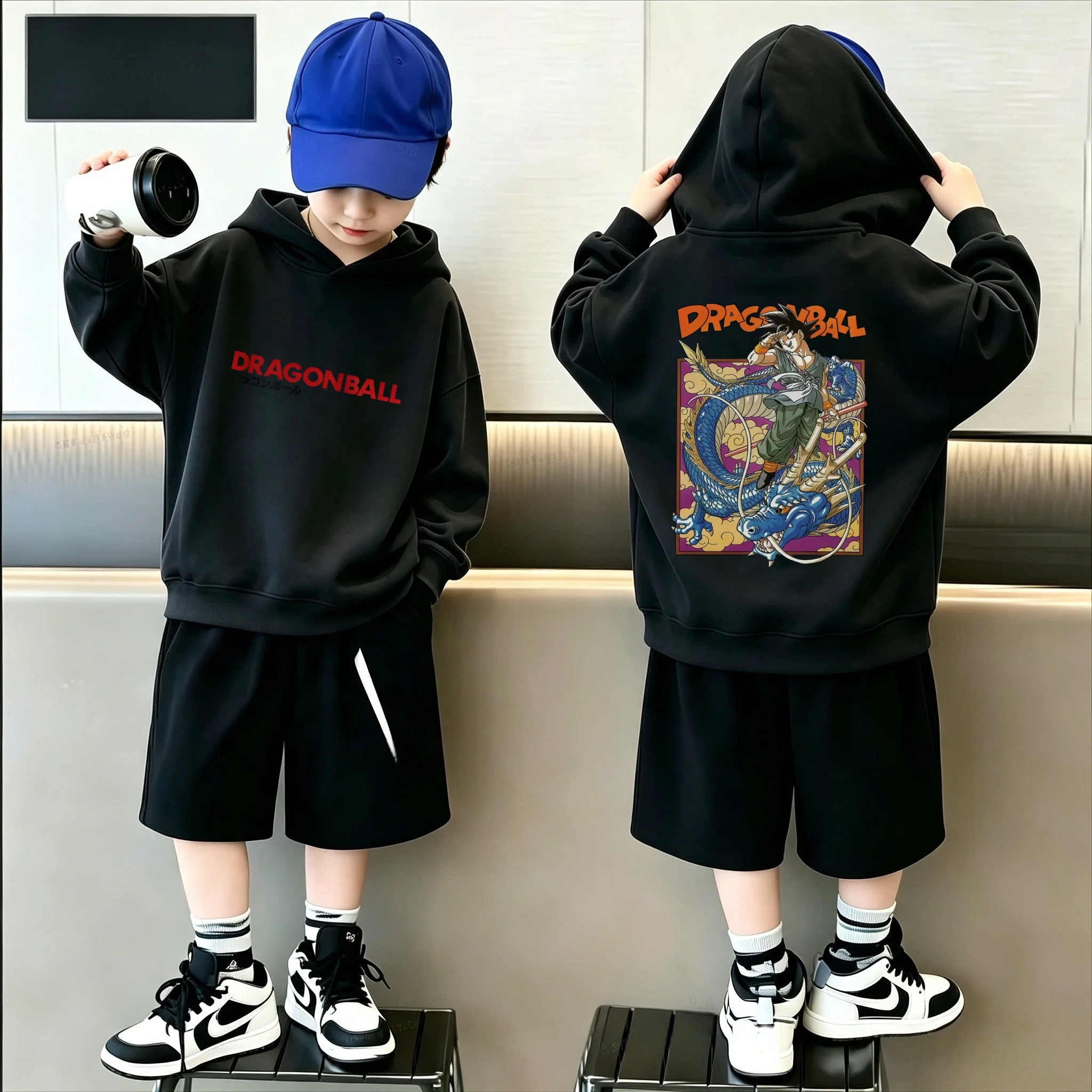 Kinder-Kapuzenpullover im Anime-Stil mit Dragon-Ball-Logo, großes Goku-Shenlong-Motiv, im Buchseiten-Design, bedruckter Kapuzenpullover. – Detail 3