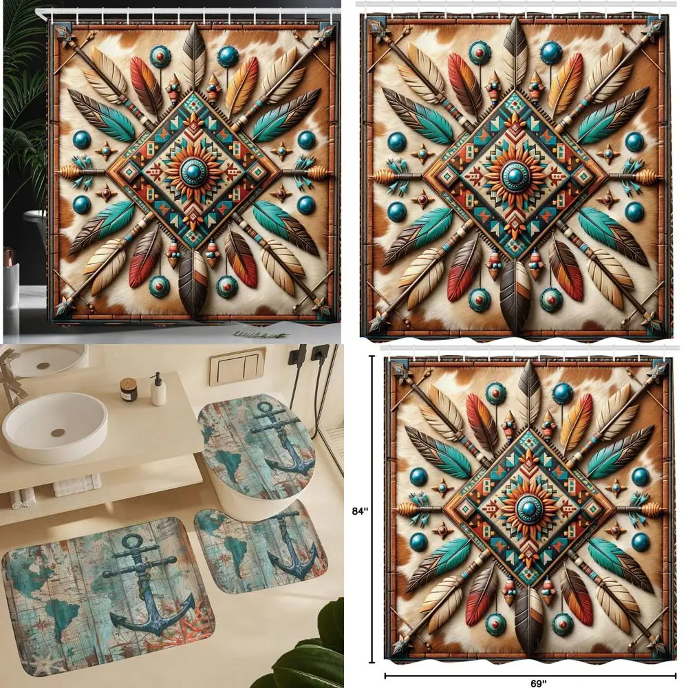 

ambesonne rustic shower curtain, geometric southwestern themed feathers diagonal square ornament, cloth fabric bathroom decor se