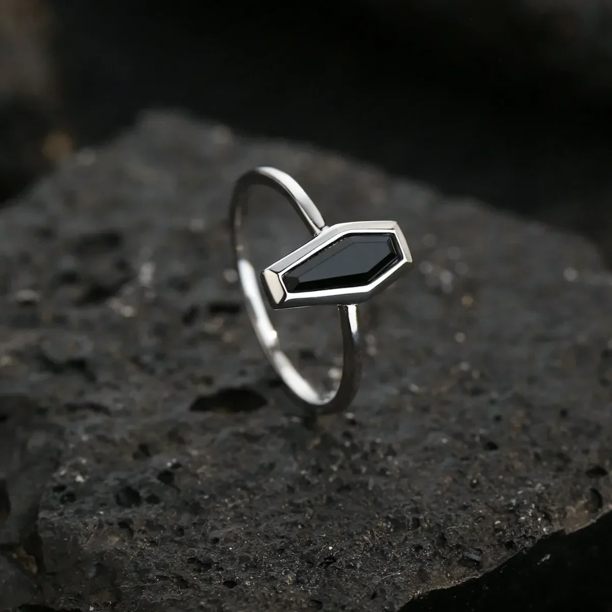 Unisex 925 Sterling Silver Black Agate Coffin Ring, Unique Style