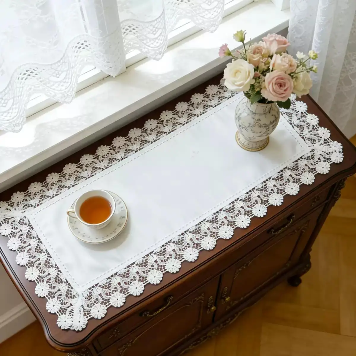 French Classic White Water-Soluble Lace Trim Dust Cover Towel Table Flag Table Mat Tablecloth for Sideboard Chest of Drawers