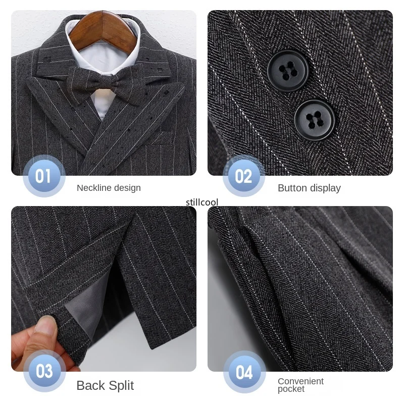Boys Suit Grey Elegant Double Breasted Gentleman Piano Performance Costume for Children Clothing 2-12 Y Infant Birthday Tuxedo