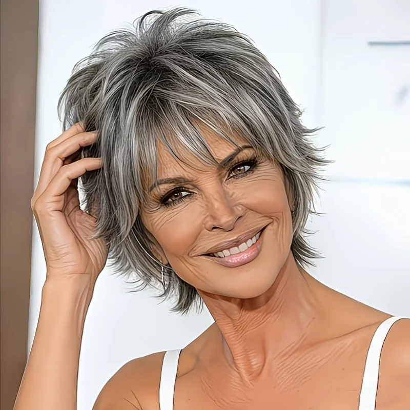 

Women's 6inch Silver-Gray Straight Synthetic Hair Wig, Fully Machine-Made with Bangs, Elegant and Natural, Suitable for Daily Wear, Holidays, and Parties