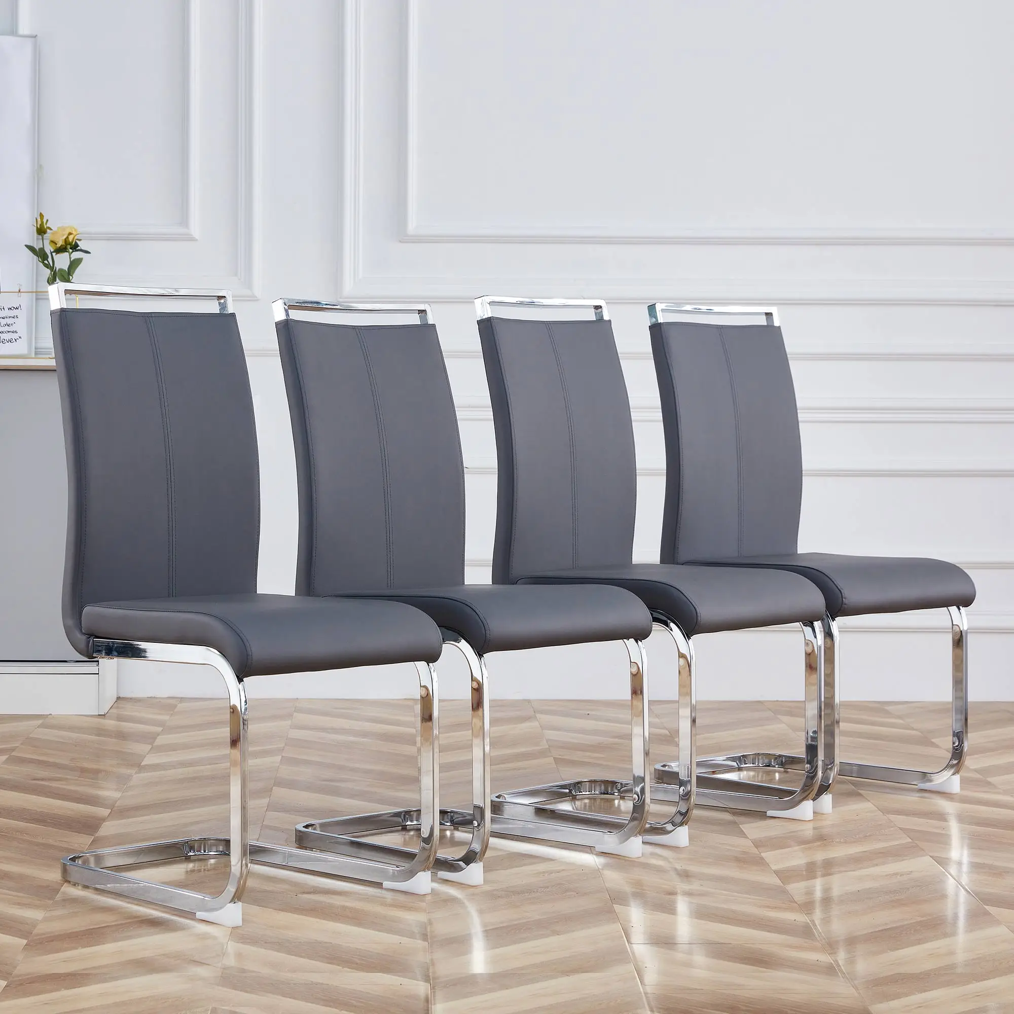 Cantilever, chrome metal frame, up to 120 kg, soft padded with artificial leather cover, Gray (set, 4 PCs)