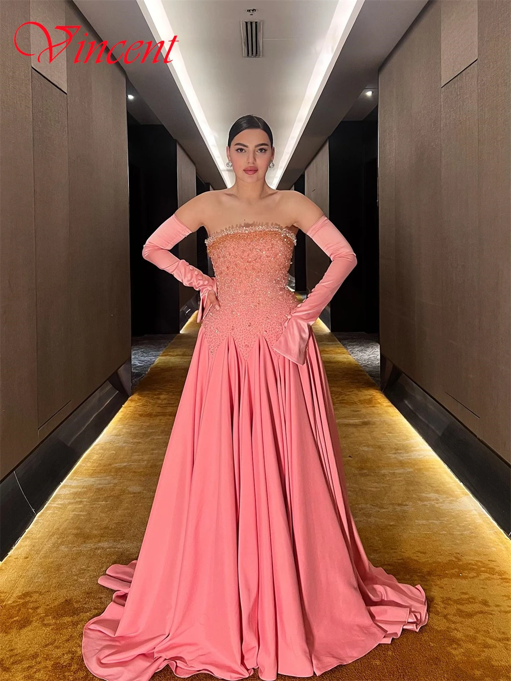 

Customized Classic Pink Jersey Evening Dress Formal Strapless Sleeveless Prom Dresses Delicate A-Line Beading Celebrity Gowns
